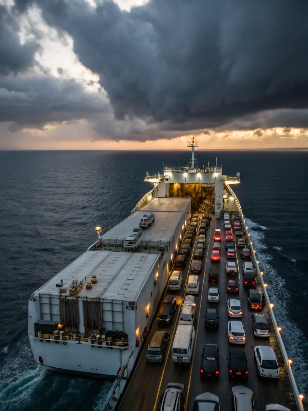 A modern car carrier ship is sailing on a calm sea, filled with various car brands, under a sunny sky, representing vehicle import management.