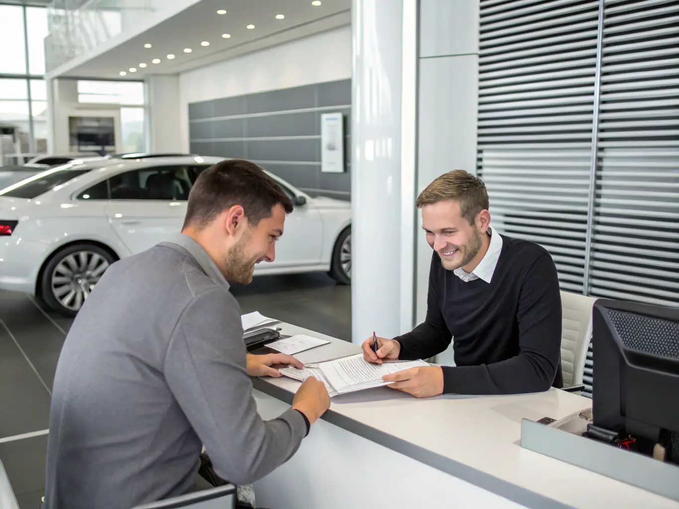 A photograph of two professionals in a modern office setting, reviewing automotive import documents and discussing strategies, representing advisory support services.