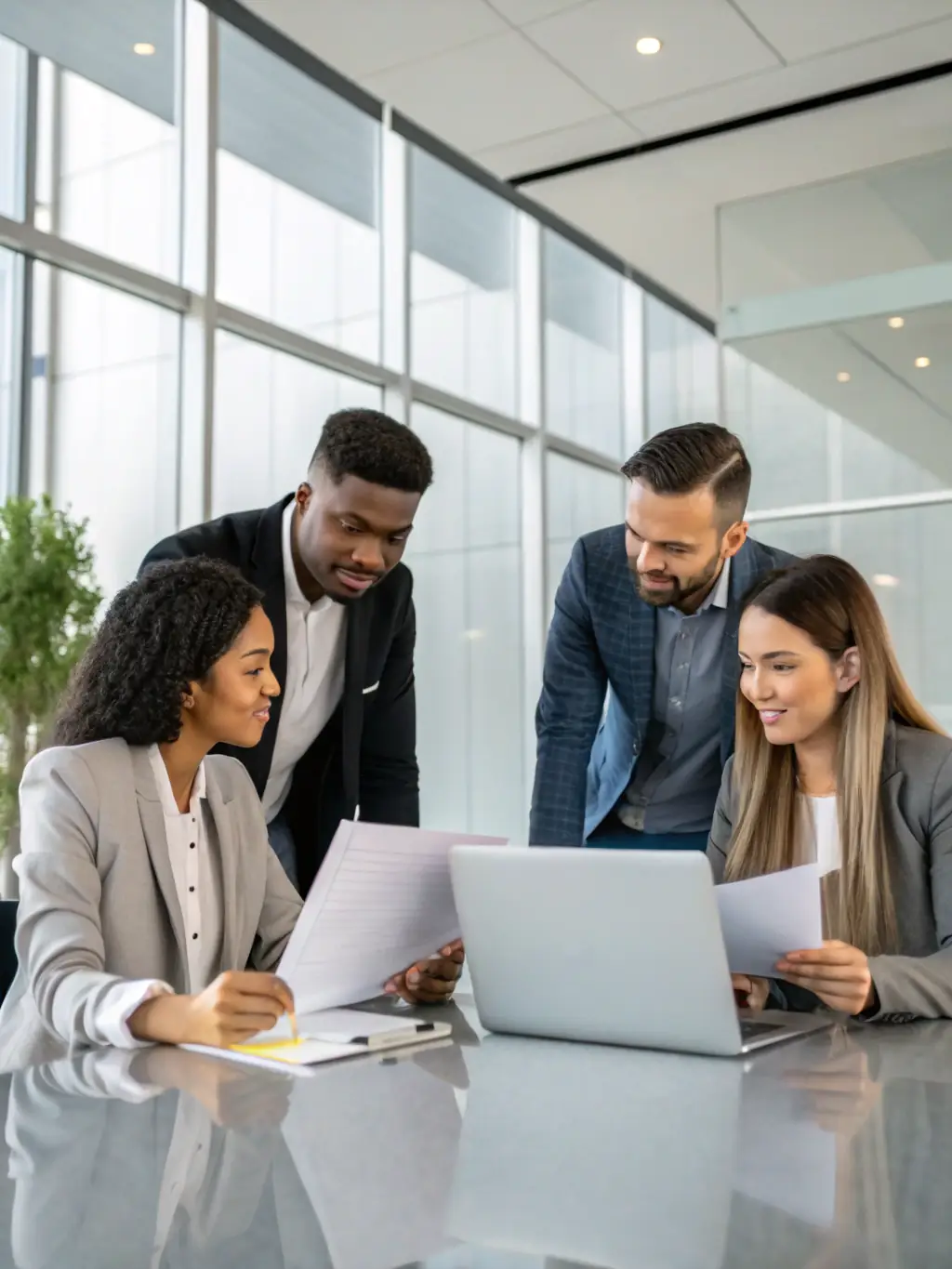 A diverse team of automotive professionals collaborating in a bright, modern office, representing the comprehensive expertise of VA WORLDCARS LLC.