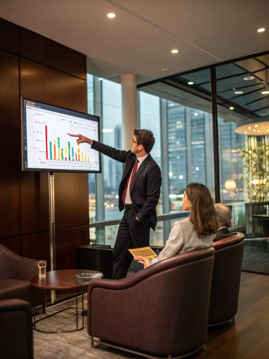 A consultant is advising a client in a modern office setting, with automotive industry data displayed on a screen, representing advisory support.