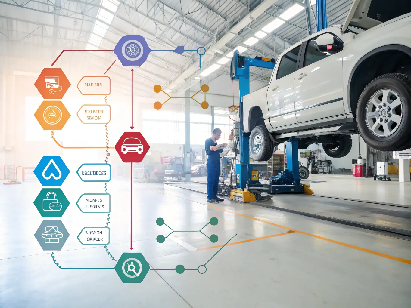 A digital graphic showing a flowchart of automotive-related processes being coordinated, with icons representing documentation, logistics, and compliance checks.