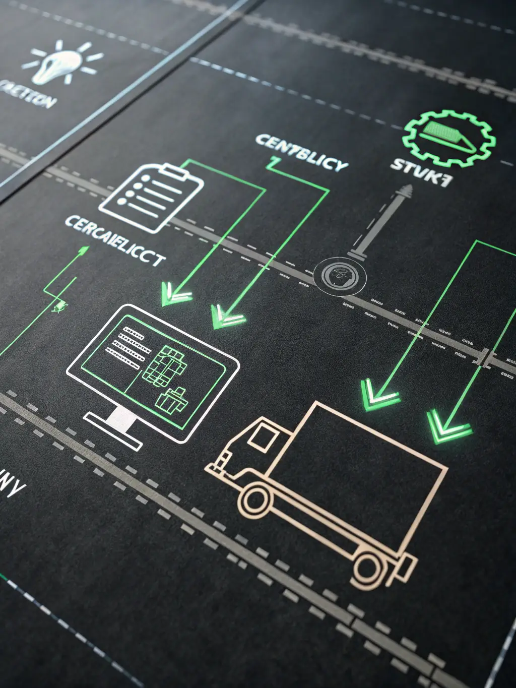 A flowchart illustrating a streamlined automotive process, from documentation to delivery, with clear milestones and checkpoints, representing process coordination.