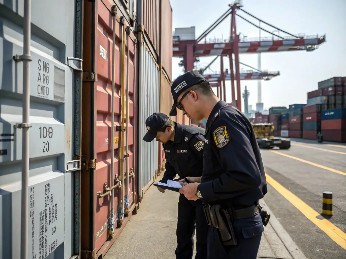 A professional team coordinating vehicle shipments at a port with trucks and shipping containers in the background, representing VA WORLDCARS LLC's vehicle import management service.