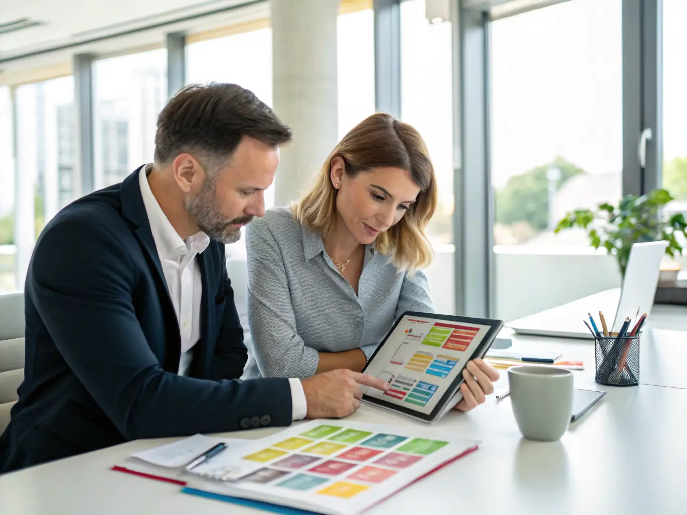 A consultant discussing automotive import strategies with a client over a digital tablet, illustrating VA WORLDCARS LLC's advisory support service.