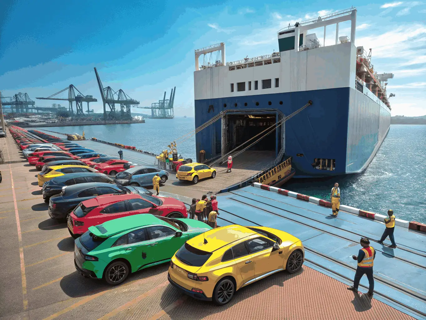 A digital illustration depicting a car being transported on a ship, with customs documents and a globe in the background, symbolizing international vehicle import management.