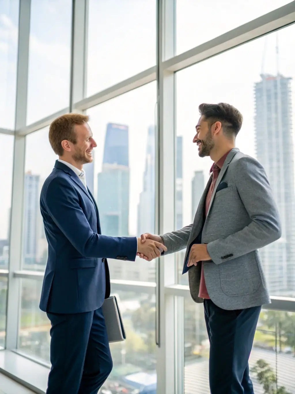A professional businessman shaking hands with a client in a modern office setting, symbolizing trust and partnership in vehicle import management with VA WORLDCARS LLC.