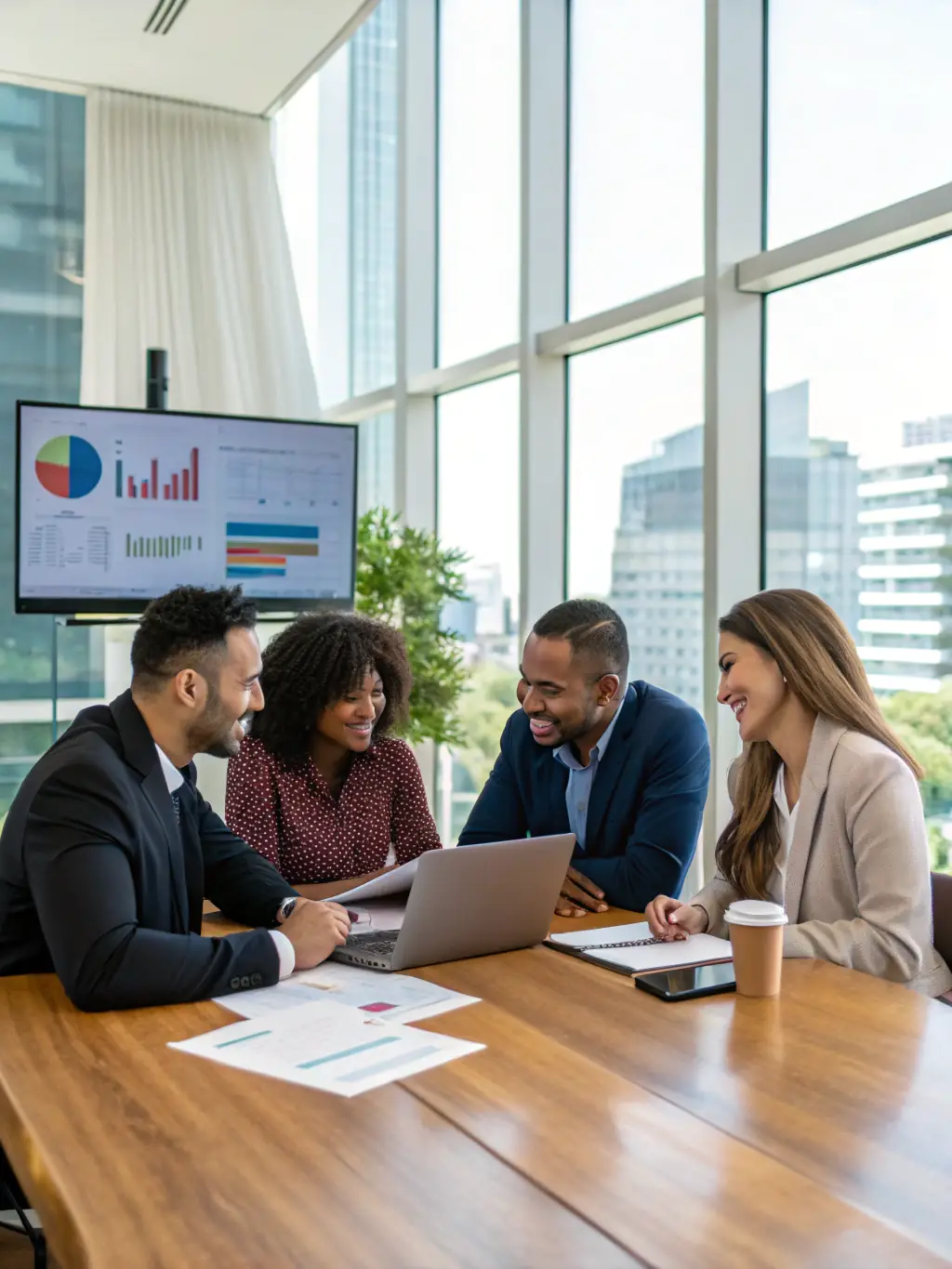 A team of professionals is collaborating on automotive fleet management and logistics planning in a modern office, representing commercial operations assistance.